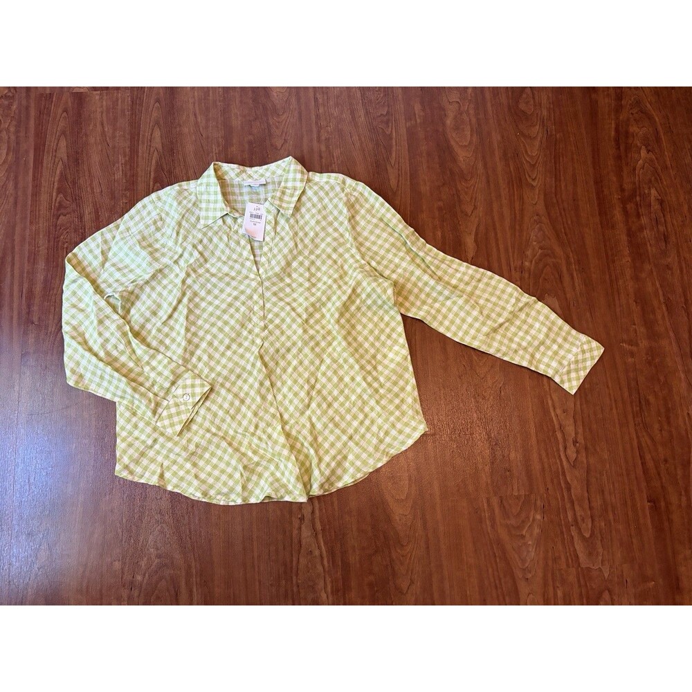 J. Jill Love Linen Top Womens M Tall Green Gingham Preppy Lagenlook Plaid